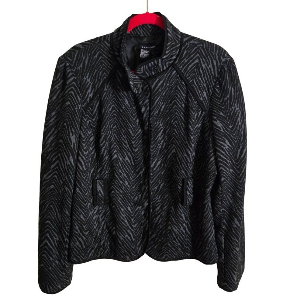 Sandro Sport Gray Black Zebra Stripe Mock Neck Jacket No Belt Size L